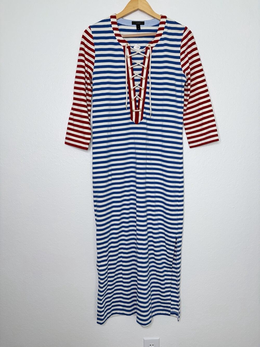 NWT J. Crew Sammie Red White Blue Striped Maxi Dress Size Small Nautical
